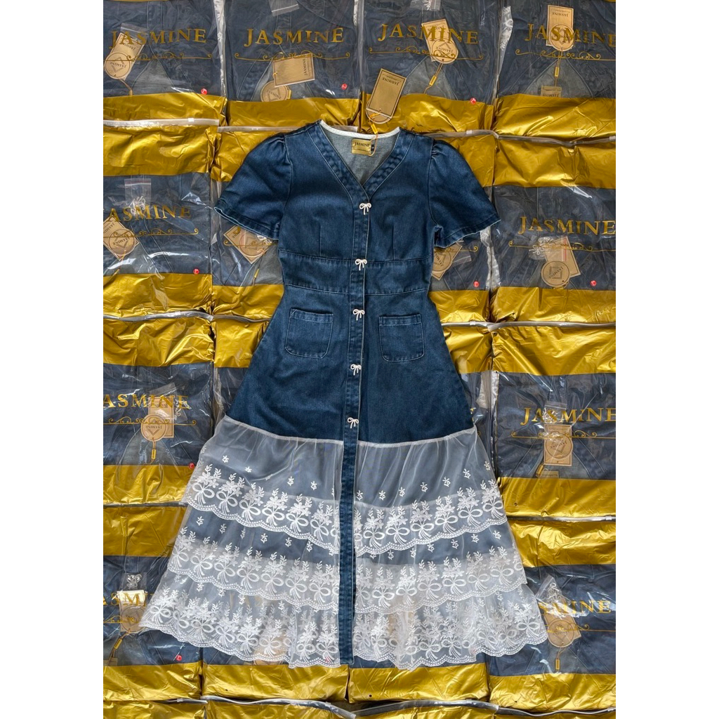 (ปกติ .5 ข้าม ยาว 48“) เดรสยีนส์ กระดุมหน้า ชายระบายชั้นๆ งานป้าย jusmint