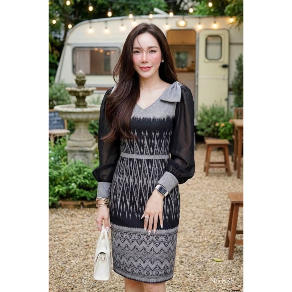 KS838 ชุดเดรสผ้าทอลายไทยโทนดำเทา แขนชีฟอง คอวี แต่งโบว์ไหล่ 2 ข้าง ทางสอบ งานอัดกาวทั้งชุด ซิปซ่อนด้านหลัง (S-5XL)