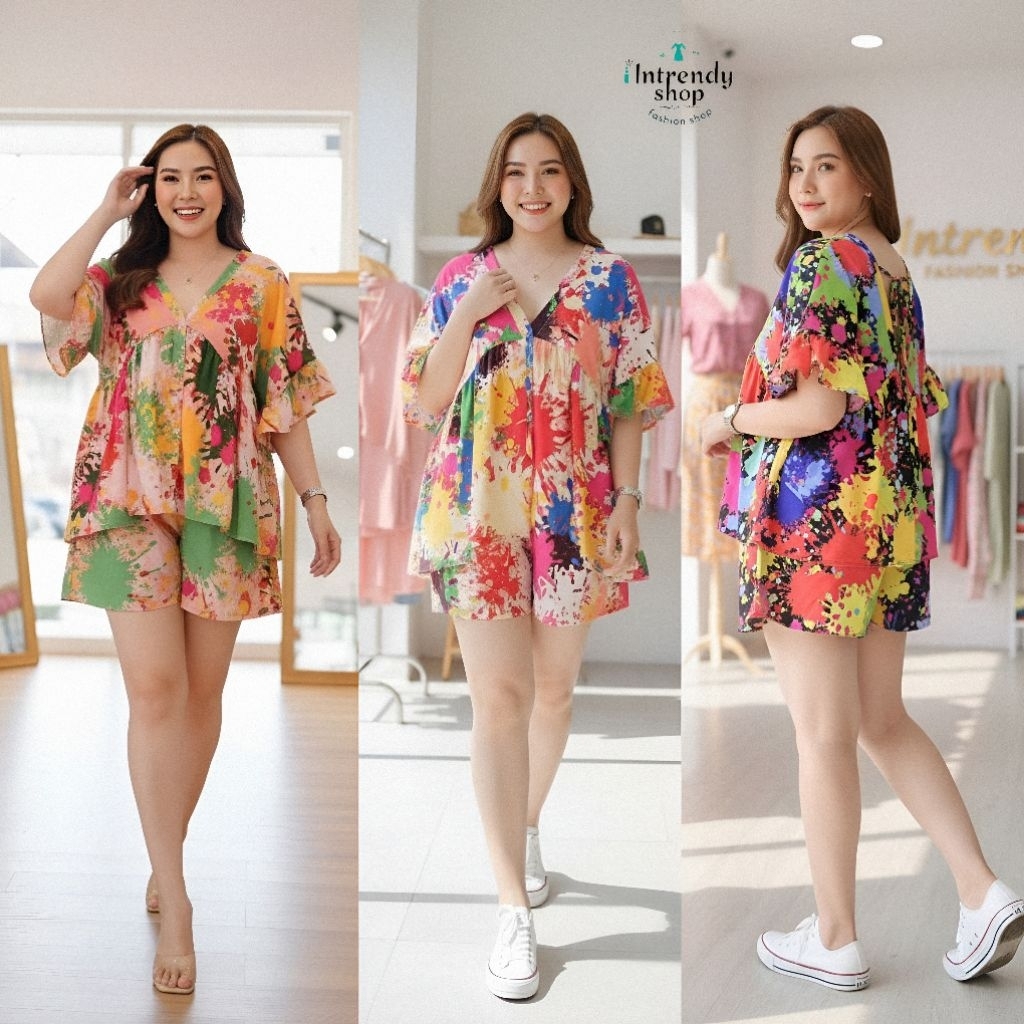 New.2 Setขาสั้นลายเพ็นส์สี+เสื้อผูกหลังแขนระบายสาวอวบ {อก: 36 - 46 นิ้ว } ใส่สวย เป็นผ้าไหมอิตาลี.