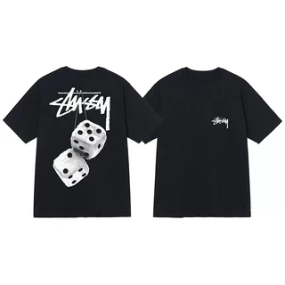 เสื้อยืดคอตตอนคุณภาพสูงสำหรับผู้ชาย เสื้อสั้นลายลูกเต๋าสไตล์ Stussy สตรีทอเมริกันหลวมๆ