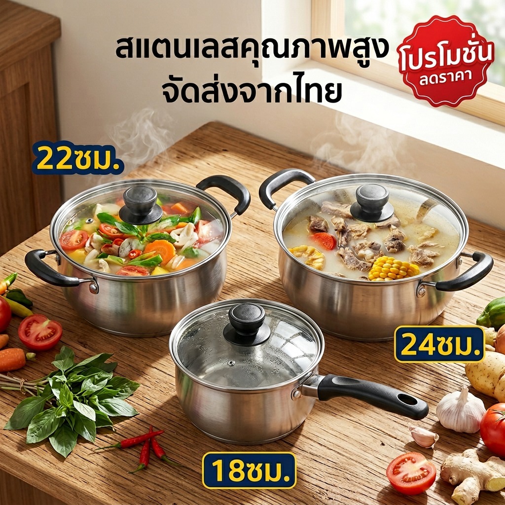 ชุดเครื่องครัวสแตนเลส 304 กระทะสองหูพร้อมฝาแก้ว เหมาะสำหรับเตาทุกประเภท สำหรับทำซุป/บะหมี่กึ่งสำเร็จรูป ราเม็ง ปรุงอาหาร