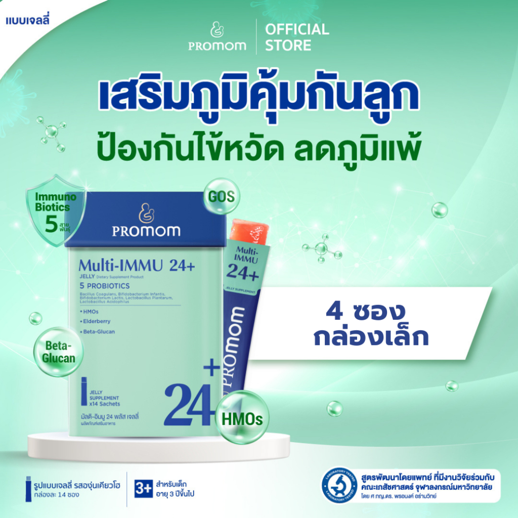 【4 ซอง กล่องเล็ก】Promom Multi-IMMU 24+ เสริมภูมิคุ้มกัน ลดภูมิแพ้ ป้องกันหวัด (รูปแบบเจลลี่ รสองุ่นเคียวโฮ)
