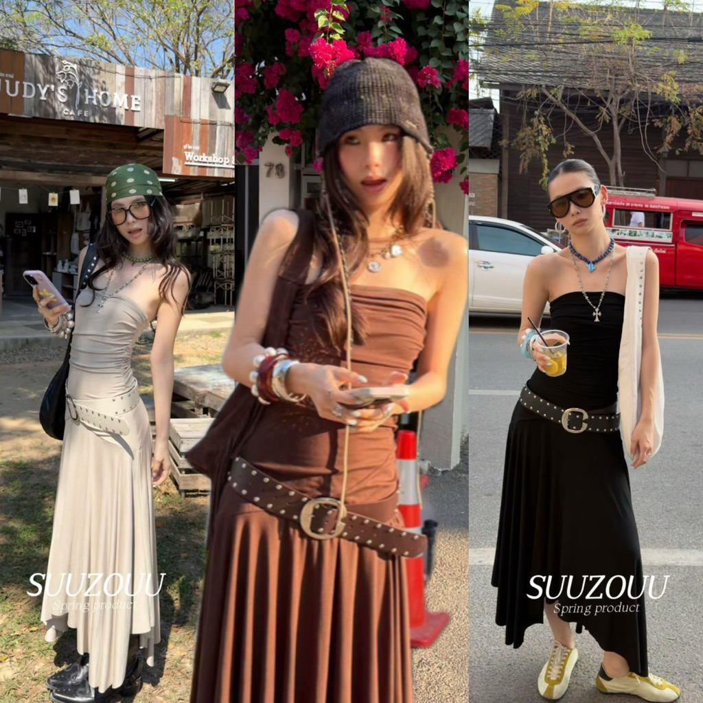 📍พร้อมส่ง📍#SU167 26Q 🇰🇷เกาะอก แต่งผ้าพริ้วสวย ช่วงลำตัวแต่งจับจีบเข้ารูปสวย มาพร้อมเข็มขัดใหญ่แต่งอะไหล่ Tag MMfish🇰🇷