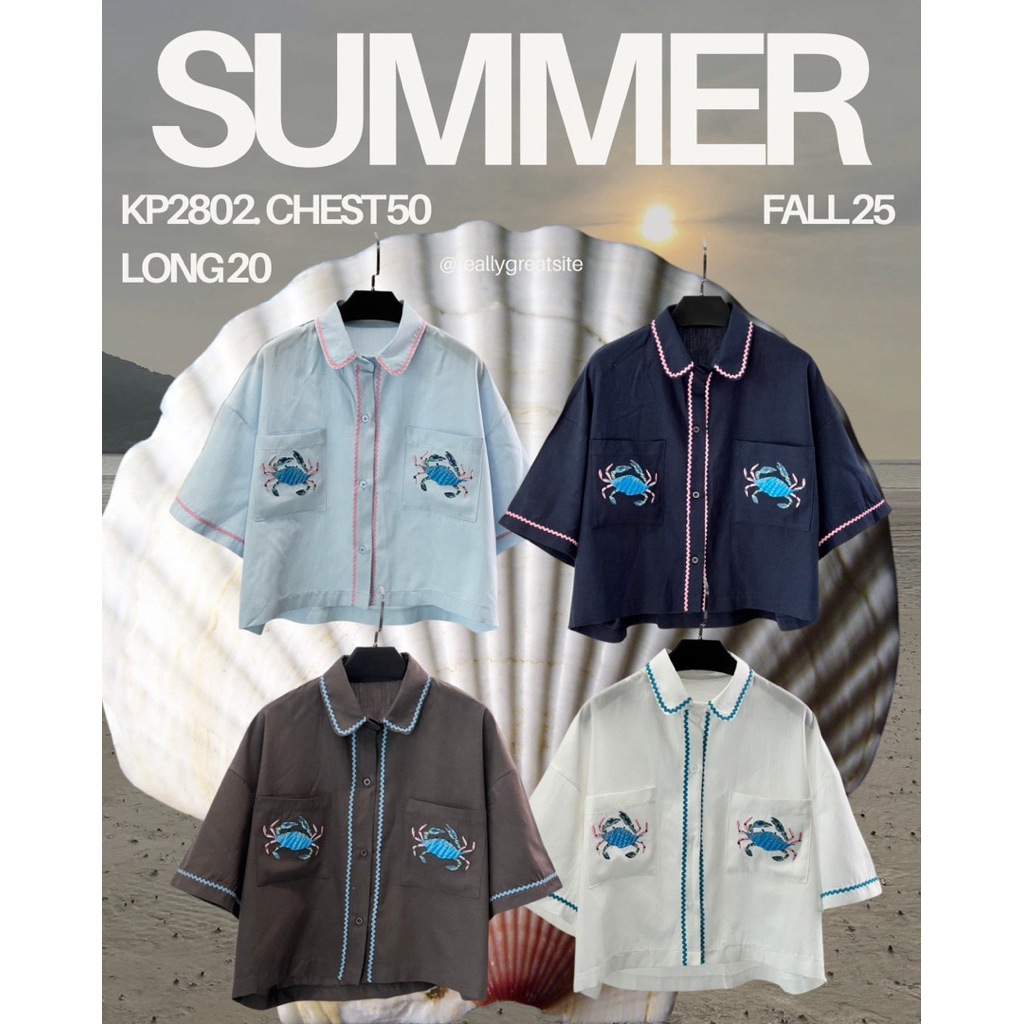 เสื้อเชิ้ตครอปแขนสั้นดีเทลปักปูบนกระเป๋าเนื้อผ้านิ่มใส่สบายซัมเมอร์นี้ต้องมีแล้วววKP2802