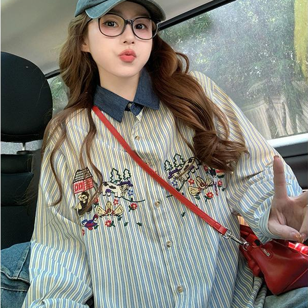 BG#เสื้อเชิ้ตแขนยาว ปักลายทางและลายสก็อต ทรงหลวม เก๋ไก๋ ลำลอง สไตล์เกาหลี จัดส่งจากประเทศไทยW656-661