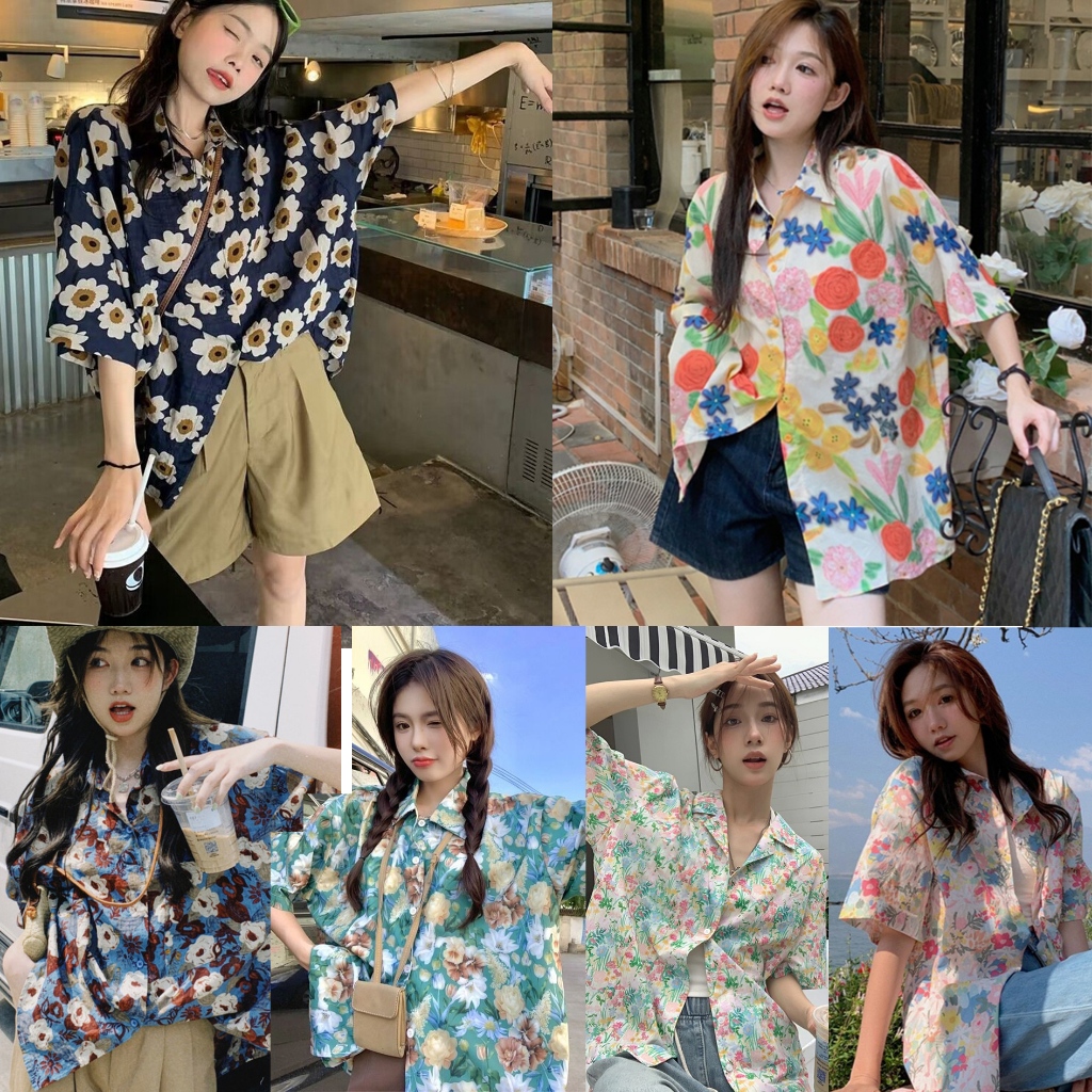 berylstore  เสื้อลายดอกสงกราน แขนสั้น ใส่ในฤดูร้อน คอวี ลายพืช ผ่อนคลายและสบาย สไตล์ฮาวาย จัดส่งเร็ว ผู้ชายและผู้หญิง