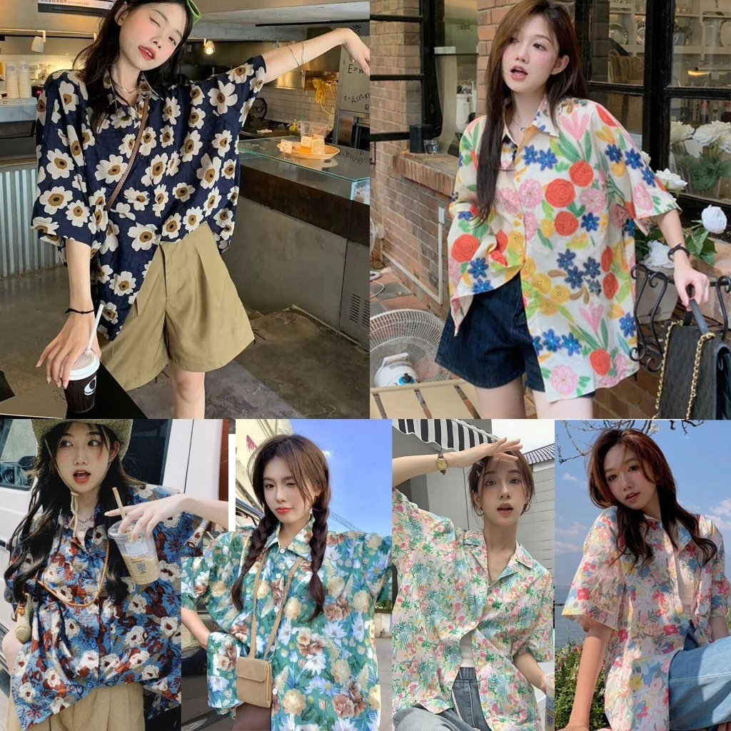berylstore เสื้อลายดอกสงกราน แขนสั้น คอวี สไตล์ฮาวาย