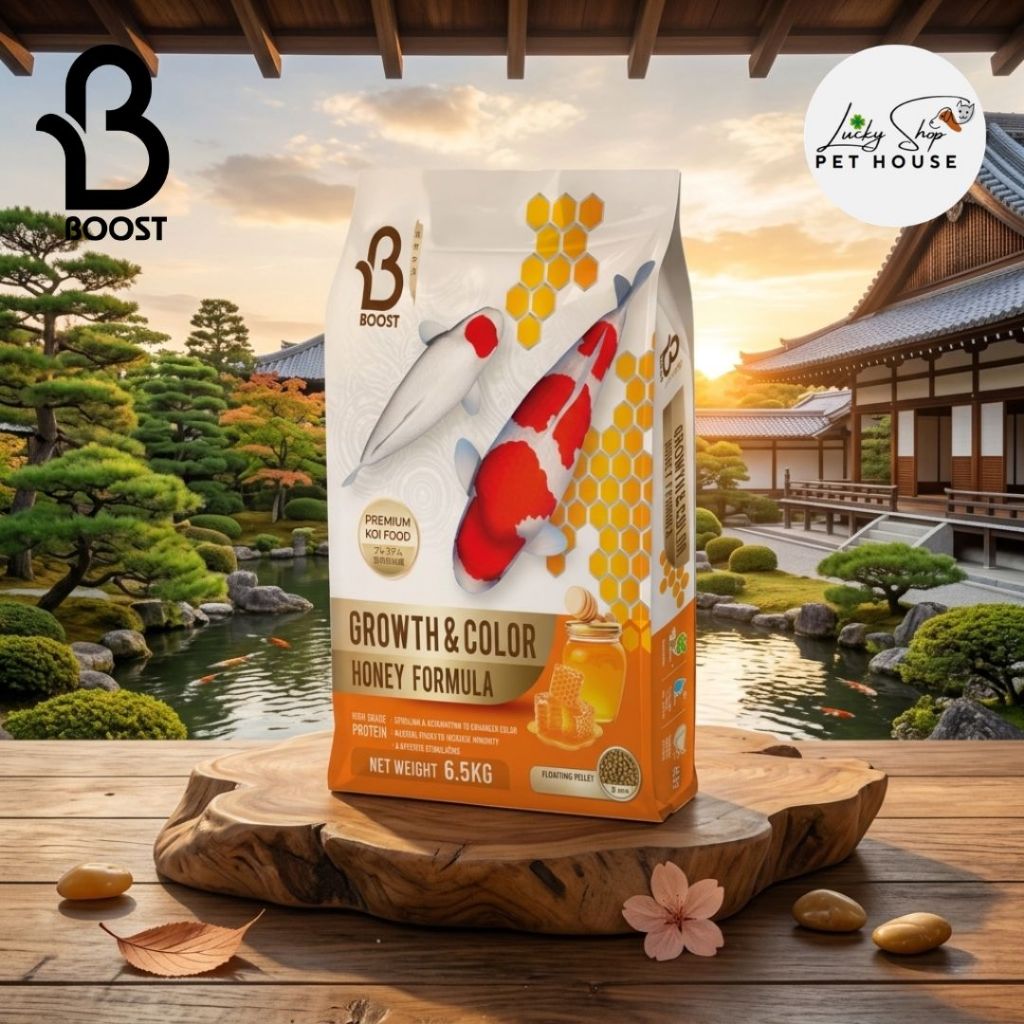 บูสท์โค่ย อาหารปลาคาร์ฟผสมน้ำผึ้ง เร่งโต เร่งสี 6.5kg.(เม็ดลอย) Boost Koi Growth & Color Honey Formula