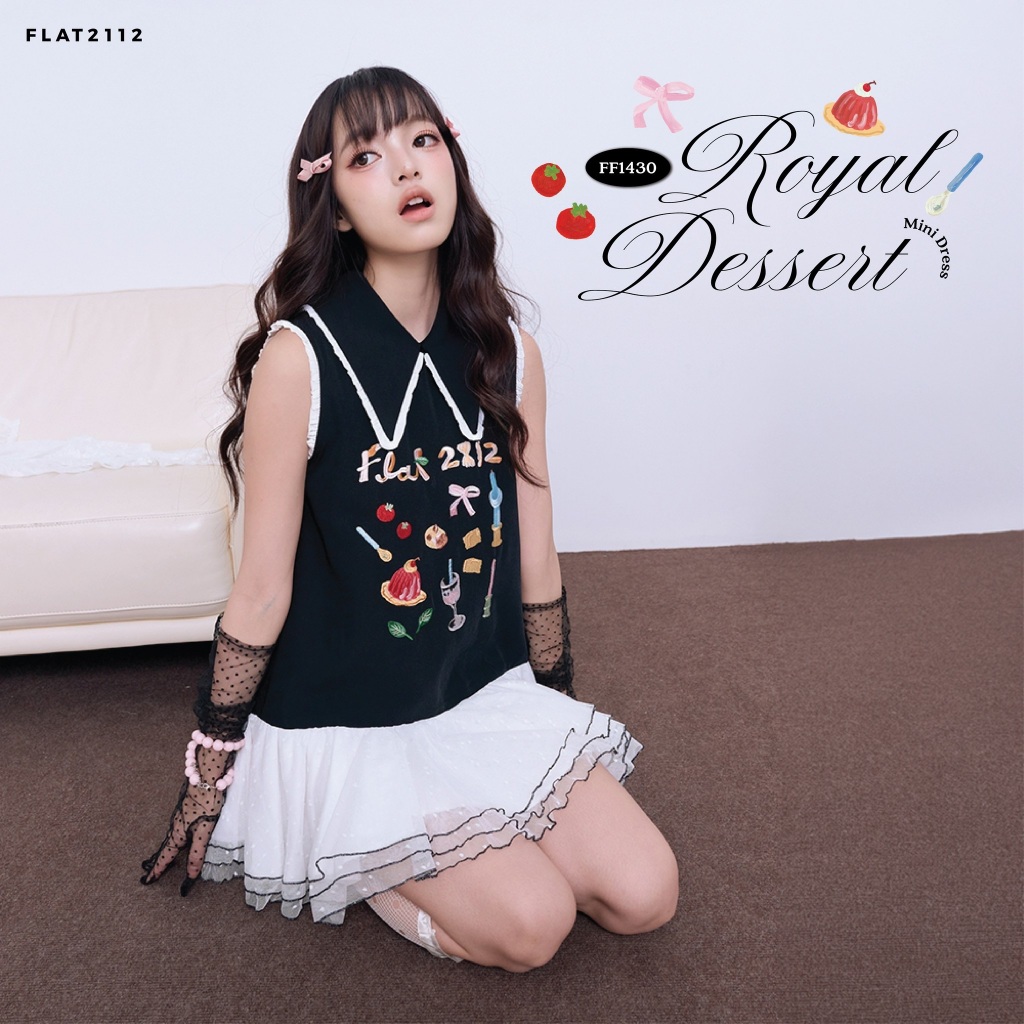 FLAT2112 : ROYAL DESSERT MINI DRESS เดรสสั้น เดรสออกงาน แขนกุด ลายน่ารัก (FF1430)