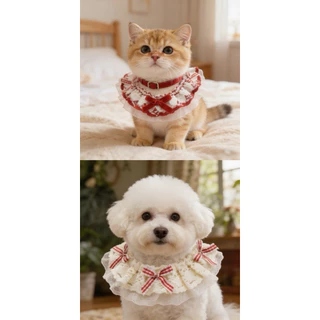 COD🐶🐱ผ้าพันคอแมว ผูกโบว์ ปลอกคอสัตว์เลี้ยง เอี๊ยม พิมพ์ลายลูกไม้ ประดับ แมวนางฟ้า ผ้าพันคอสุนัข ผ้าพันคอถัก