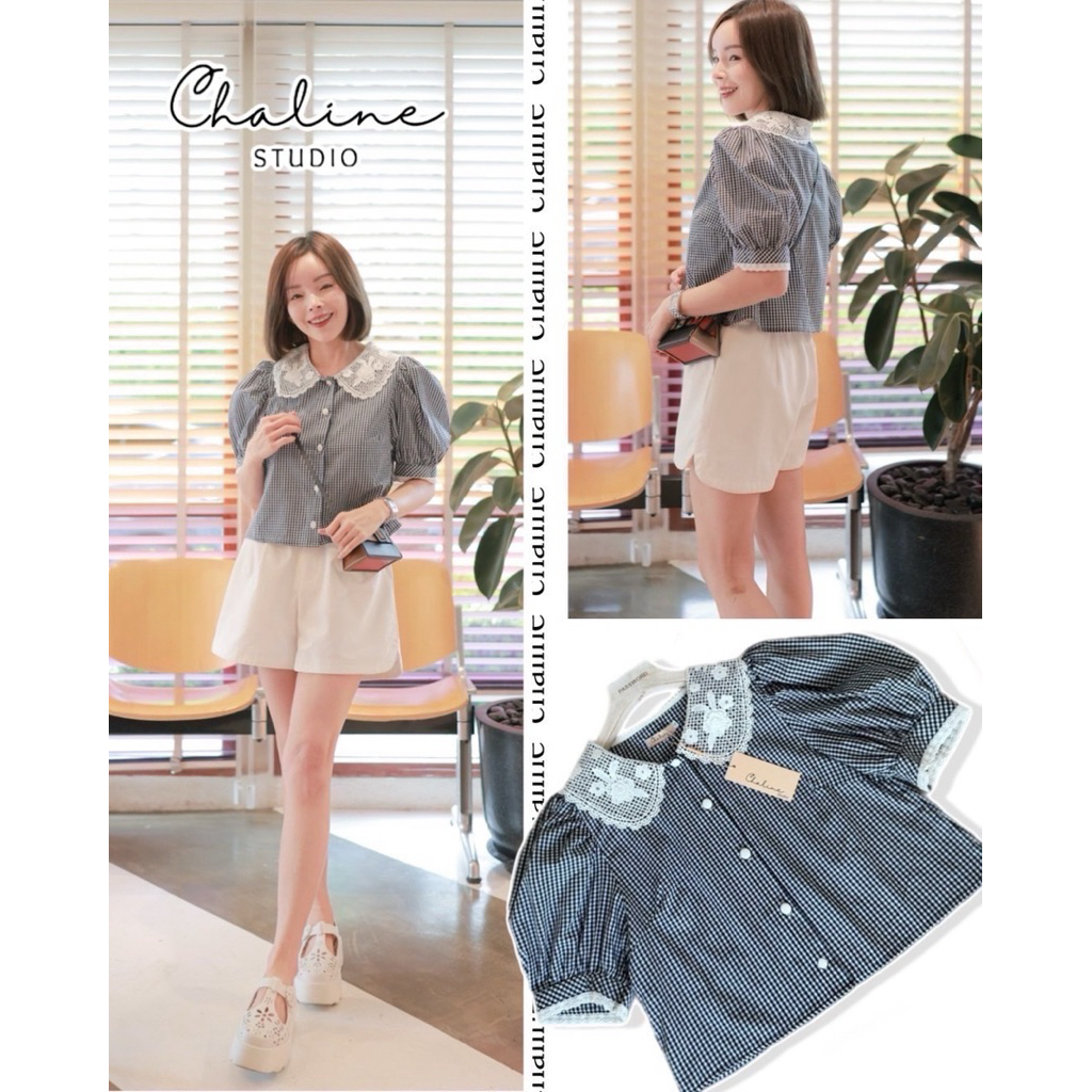 Chaline พร้อมส่ง เสื้อลายสก็อต เนื้อผ้าคอตตอนญี่ปุ่น