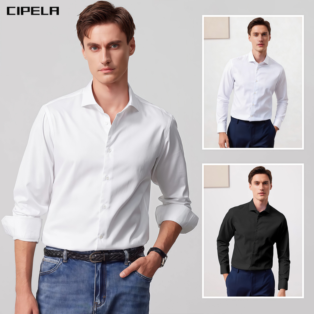 CIPELA เสื้อเชิ้ตแขนยาวชาย สีพื้น เสื้อเชิ้ตชาย เชิ้ตทำงาน เชิ้ตลำลองชาย ผ้านิ่ม ใส่สบาย ยับยาก ผ้าไม่ร้อน