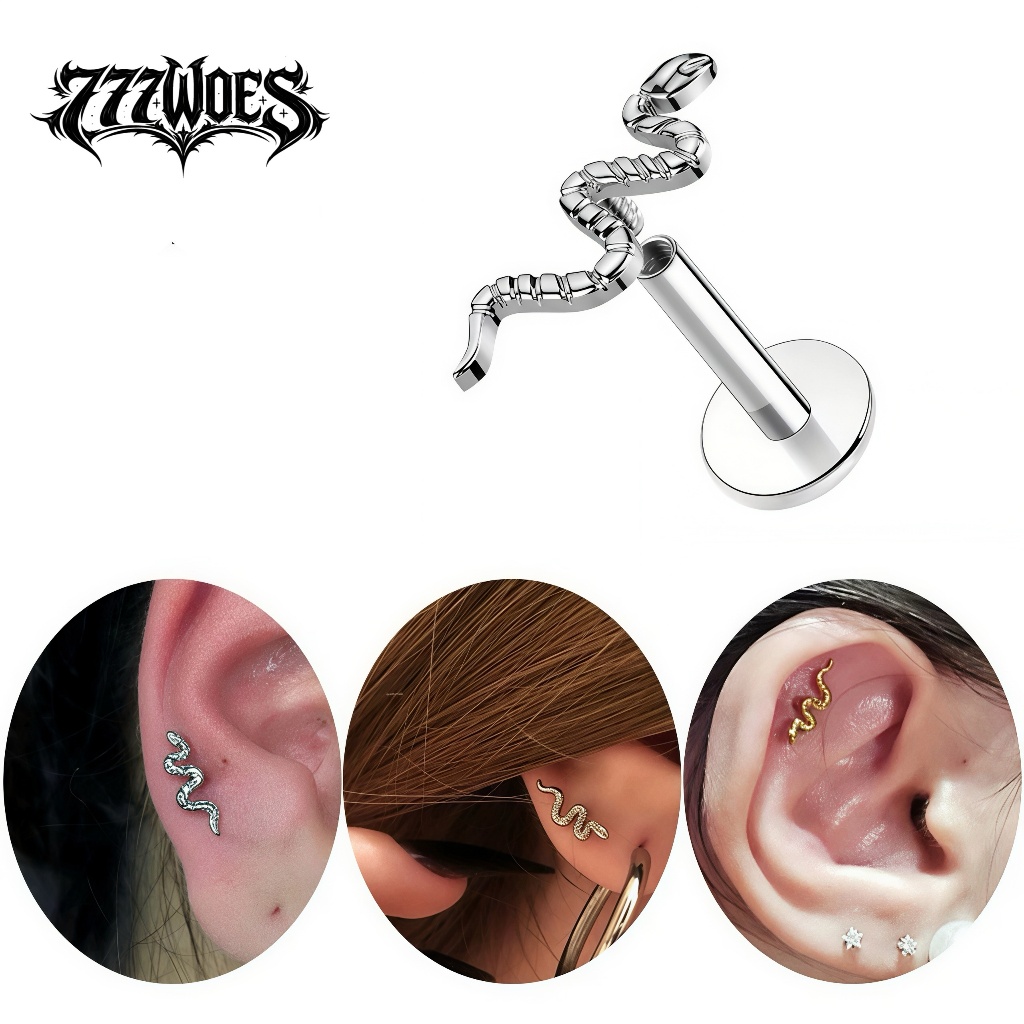 G23เกรดแพทย์ไทเทเนียมลายงูรูปงูต่างหูจิวหูกระดูกอ่อนสีเงินฐานแบนใส่นอนได้ไม่แพ้