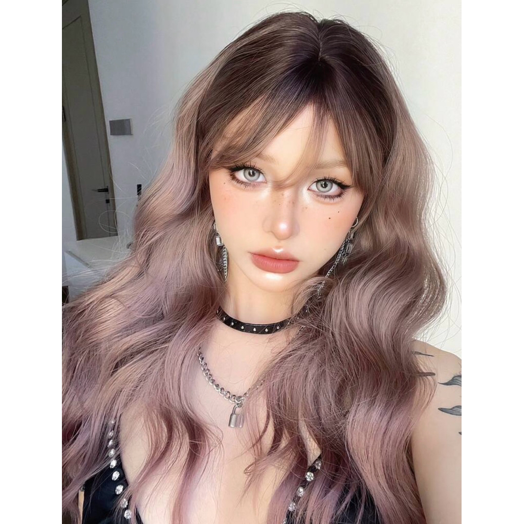 GAGA : วิกผมยาว มีหน้าม้า มีหนังศรีษะ ดัดลอนมาม่า  ยาว 55 cm. สีเทาชมพูม่วงโคนดำ ส่งฟรี แถมเน็ต