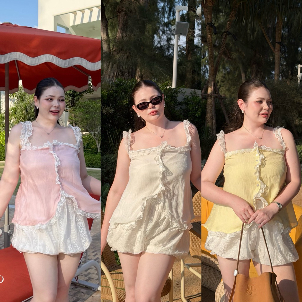Bella Top - เสื้อสายเดี่ยวผ่าหน้าแต่งลูกไม้รอบตัว สีพาสเทลหวานละมุน สาวอวบ อก38-52นิ้ว