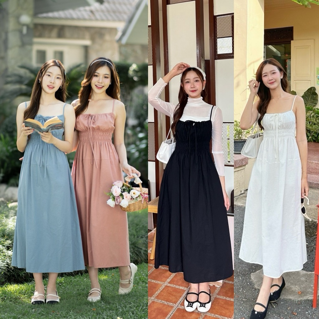 Teera❤️พร้อมส่ง✨Berry dress💜เดรสยาวช่วงอกแต่งสม็อค สายปรับได้มีกระเป๋า ผ้าลินินแท้🫶🏻ป้ายnanny ผ้าสวย