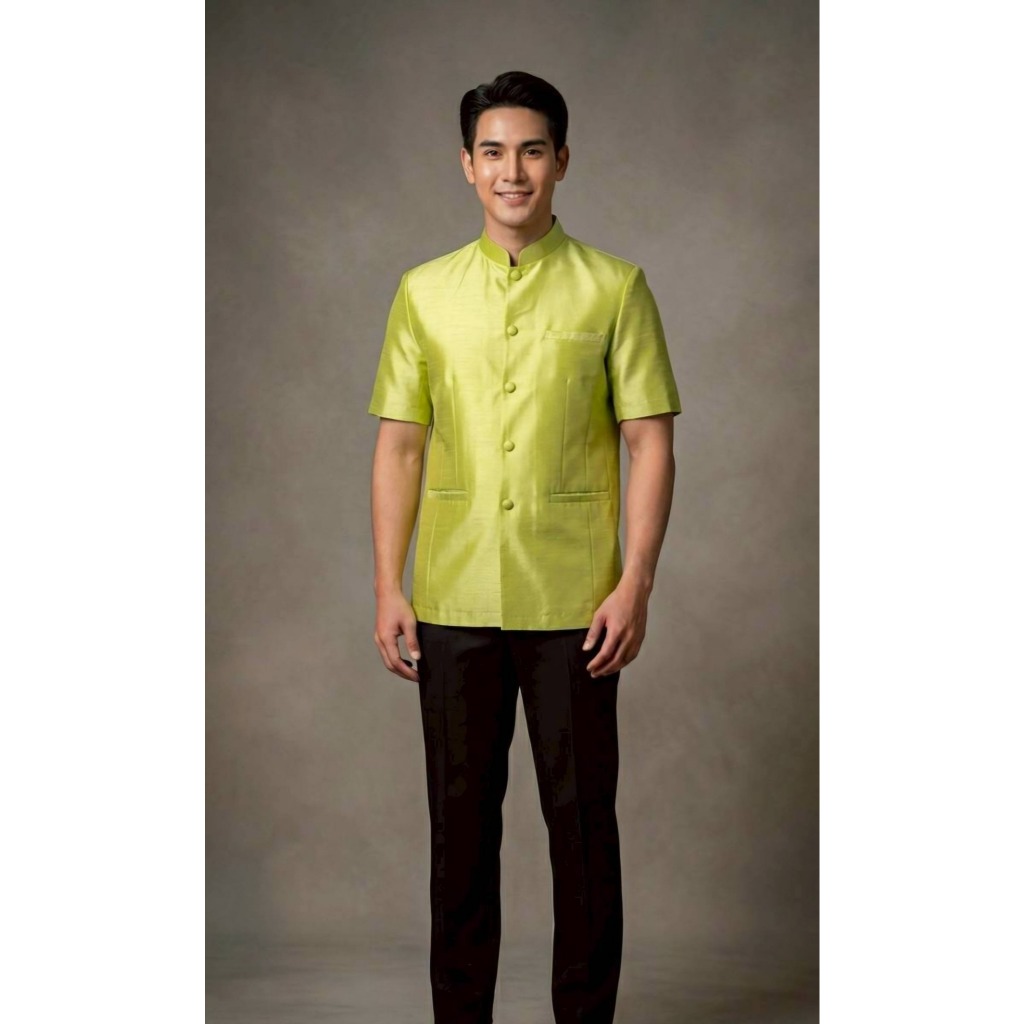 เสื้อผู้ชายไหมสี่เส้นแขนสั้นคอจีนมีกระเป๋า (M16/M18)