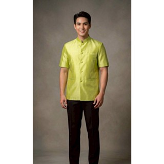 เสื้อผู้ชายไหมสี่เส้นแขนสั้นคอจีนมีกระเป๋า (M16/M18)