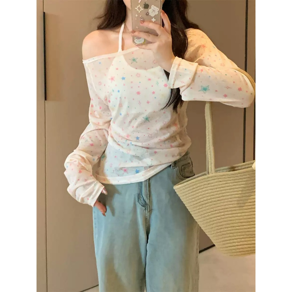 3616# เสื้อคลุมกันแดดแบบเปิดไหล่พิมพ์ลายดาว เสื้อแขนยาวเนื้อบางเบาโปร่งเล็กน้อย เหมาะสำหรับฤดูร้อน รูปที่ 5