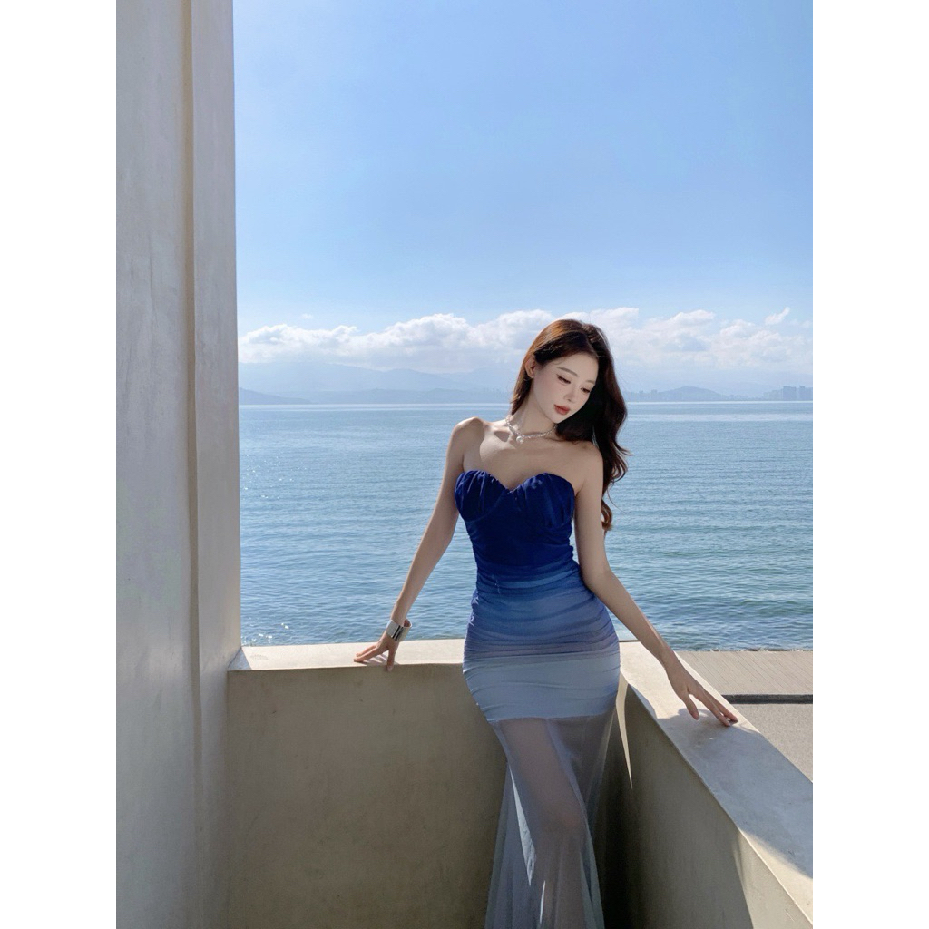 พร้อมส่ง ชุดเดรสยาว เดรสเกาะอก สีน้ำเงินไฮไลท์ สวย หรู ดูแพงมาก
