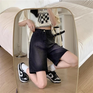 S~5XL MINI shorts jeans Dark grey กางเกงยีนส์ขาสั้นไล่สีสไตล์เรโทร กางเกงยีนส์ขาสั้นทรงตรงเอวสูงเนื้อบางสำหรับใส่ลำลองใน