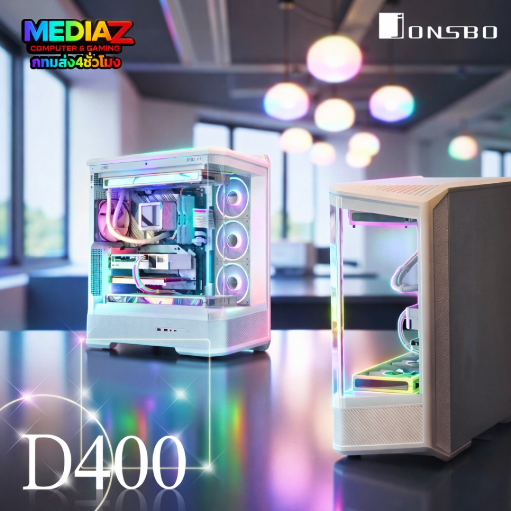 ส่งไว เคส ATX การ์ดจอตั้งได้ กระจกโค้งหนา ทรงตู้ปลา สีขาว ดำ Jonsbo D400 White Case Media Z Com