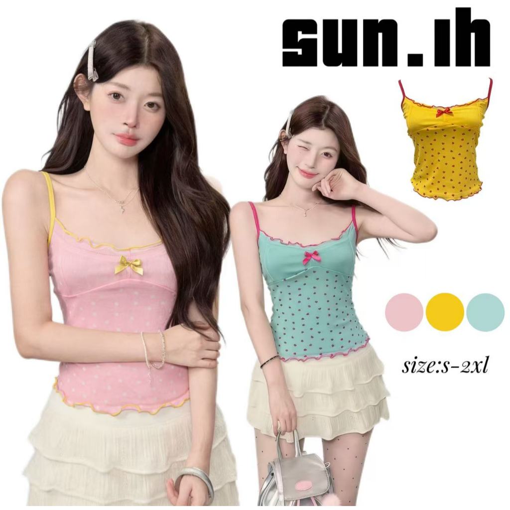 SUN🛍️พร้อมส่ง🛍️เสื้อสายเดี่ยวลายจุดน่ารักและมีเสน่ห์สำหรับผู้หญิง พิมพ์ลายแพทช์เวิร์คสำหรับฤดูร้อนใหม่