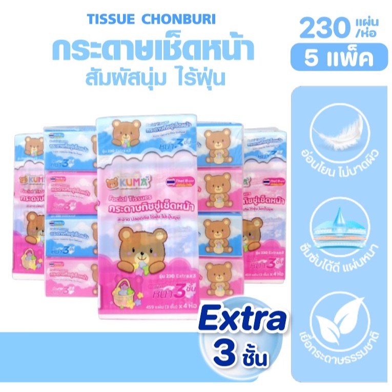 [เซท 5 แพค] KUMA คุมะ กระดาษทิชชู่เช็ดหน้า ห่อละ 230แผ่น แพค 4ห่อ หนาพิเศษ 3 ชั้น