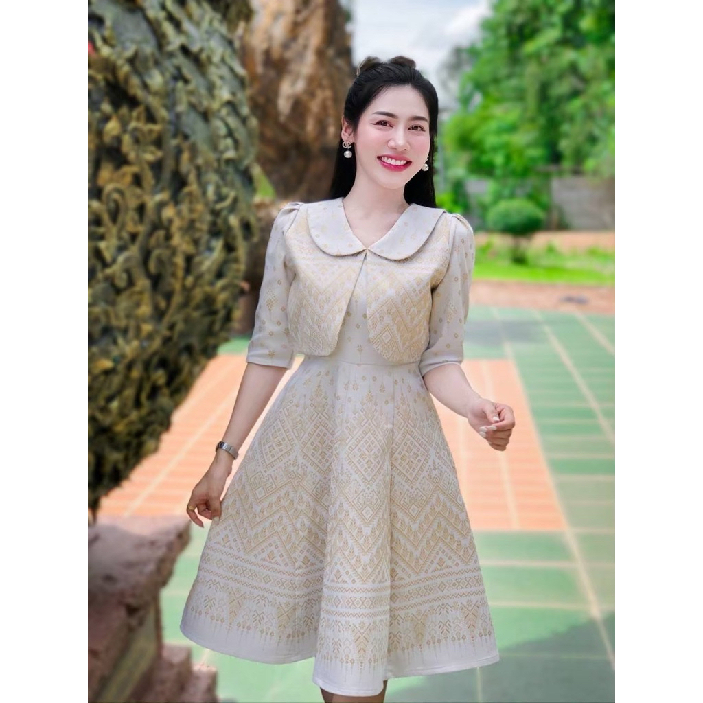 เดรสผ้าไทยงานตัดมือ1 ใส่ทำงานใส่ออกงาน