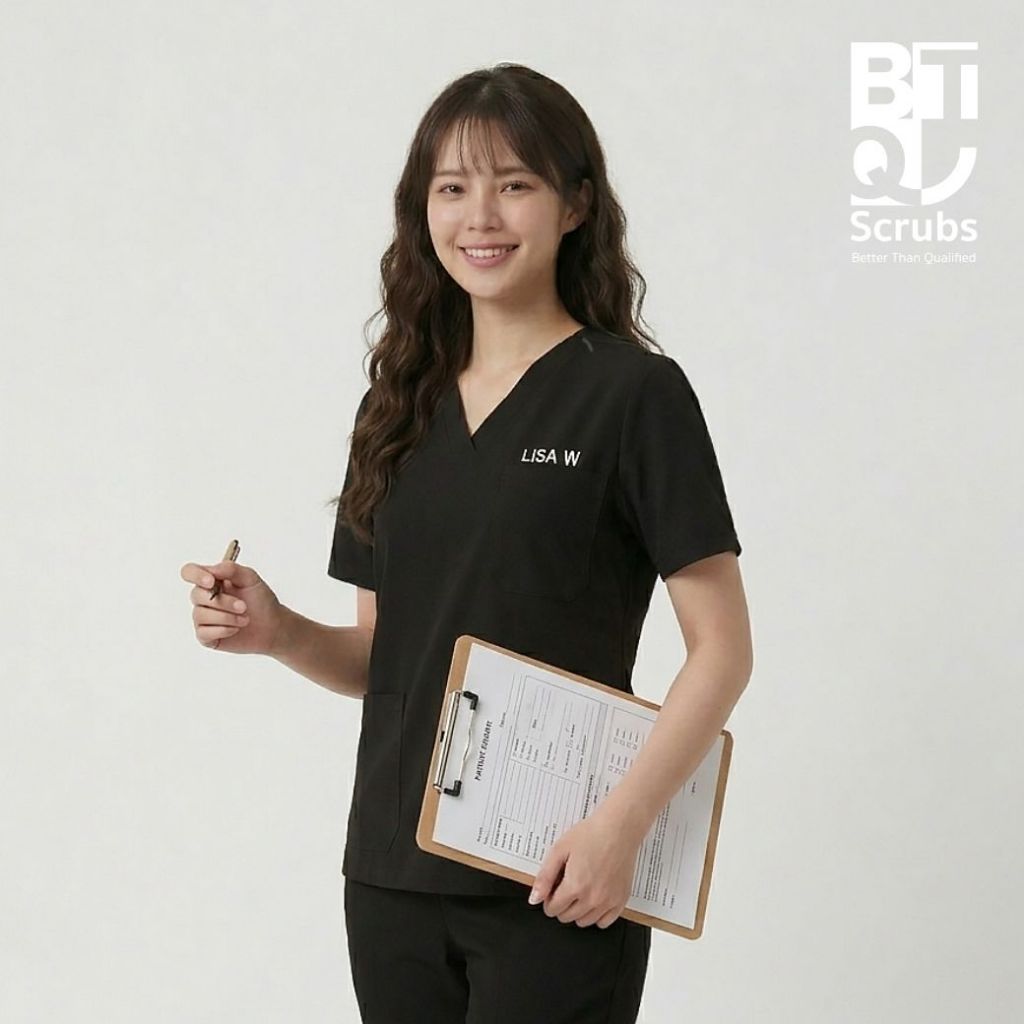 ( ไม่ปักชื่อ ) BTQ Medical Scrub Top - Women - รุ่น Zip Up | เสื้อสครับหมอ พยาบาล ทรงเข้ารูป คอวี ซิ