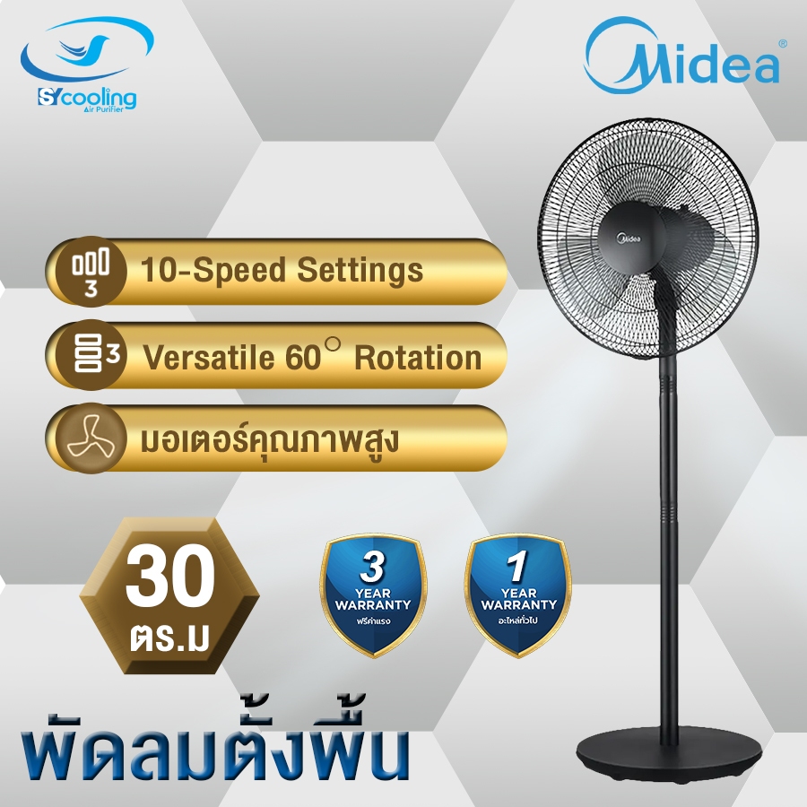 Midea พัดลมตั้งพื้น รุ่น MFS160M0ADKH ขนาด 16 นิ้ว สีดำ (Stand Fan) ไมเดีย พัดลม