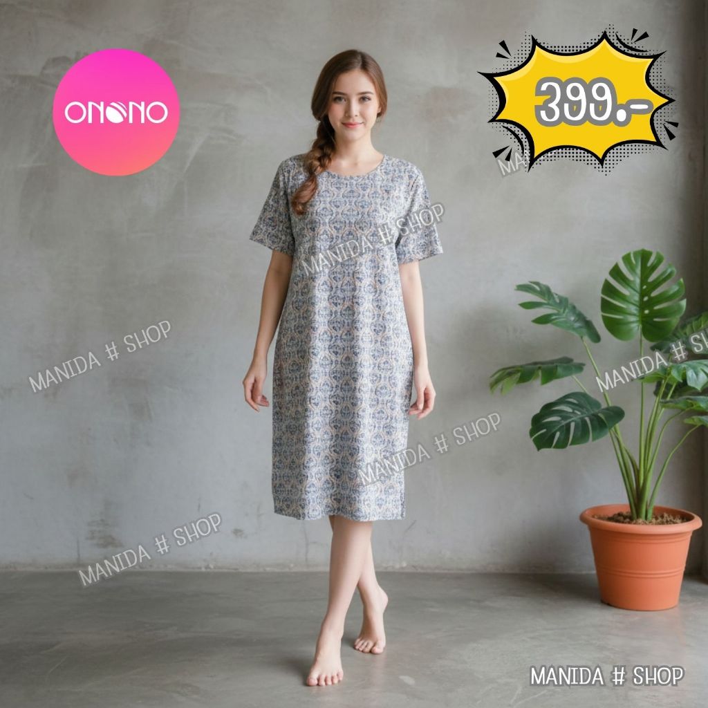 ONONO -OC1058 ชุดนอนกระโปรงแขนสั้นตัดเย็บจากผ้า Cotton Spandex พิมพ์ลายทั้งตัว ผ้านุ่ม สวมใส่สบาย ป้ายเต็ม 399 บาท