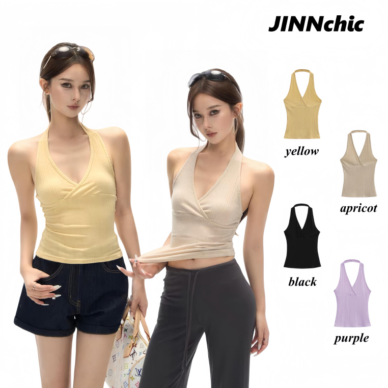 JINNCHIC🛍️เสื้อสายเดี่ยวคอวีผ้าถัก ทรงคล้องคอ เปิดหลัง ดีไซน์ไขว้ ไม่มีแขน ทรงเข้ารูป ใส่ง่าย แมตช์ได้ทุกลุค