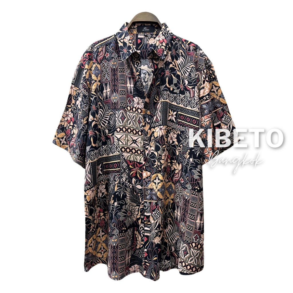 Kibeto เสื้อฮาวาย เสื้อสงกรานต์ ลายชนเผ่าดอกเล็ก สีน้ำตาล ผ้าสปันเรยอน ผ้านิ่ม ใส่สบาย M L XL 2XL 3XL