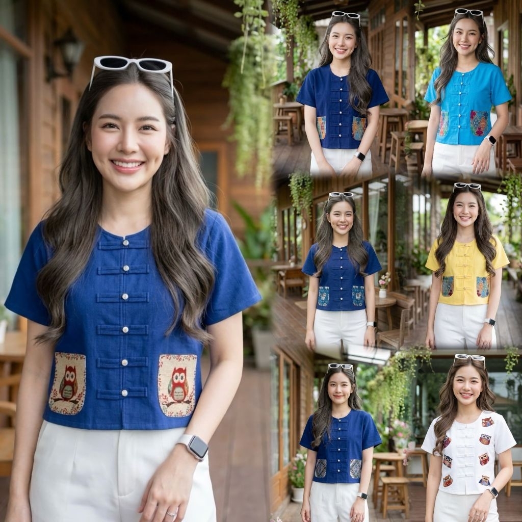 เสื้อพื้นเมืองผู้หญิงคอกลม แต่งกระเป๋าผ้าทอลาย