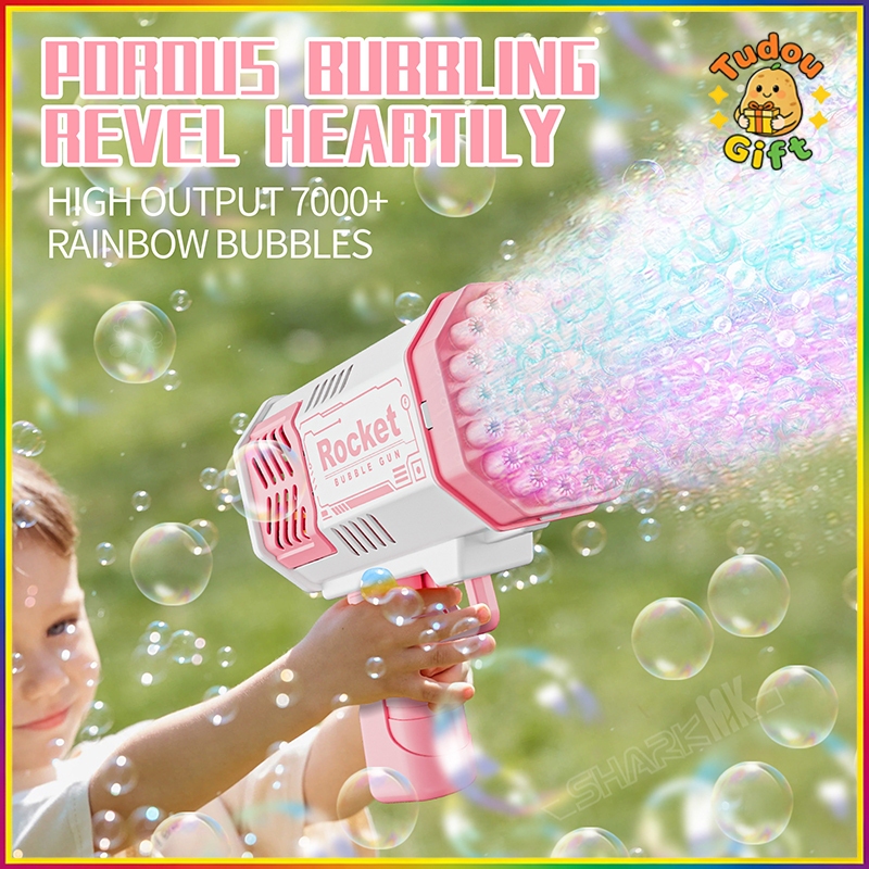 Gift ฤดูร้อน ปืนฟองสบู่แบบถือมือสำหรับเด็ก รุ่นยอดนิยม 40 รู จรวดและแกตลิน