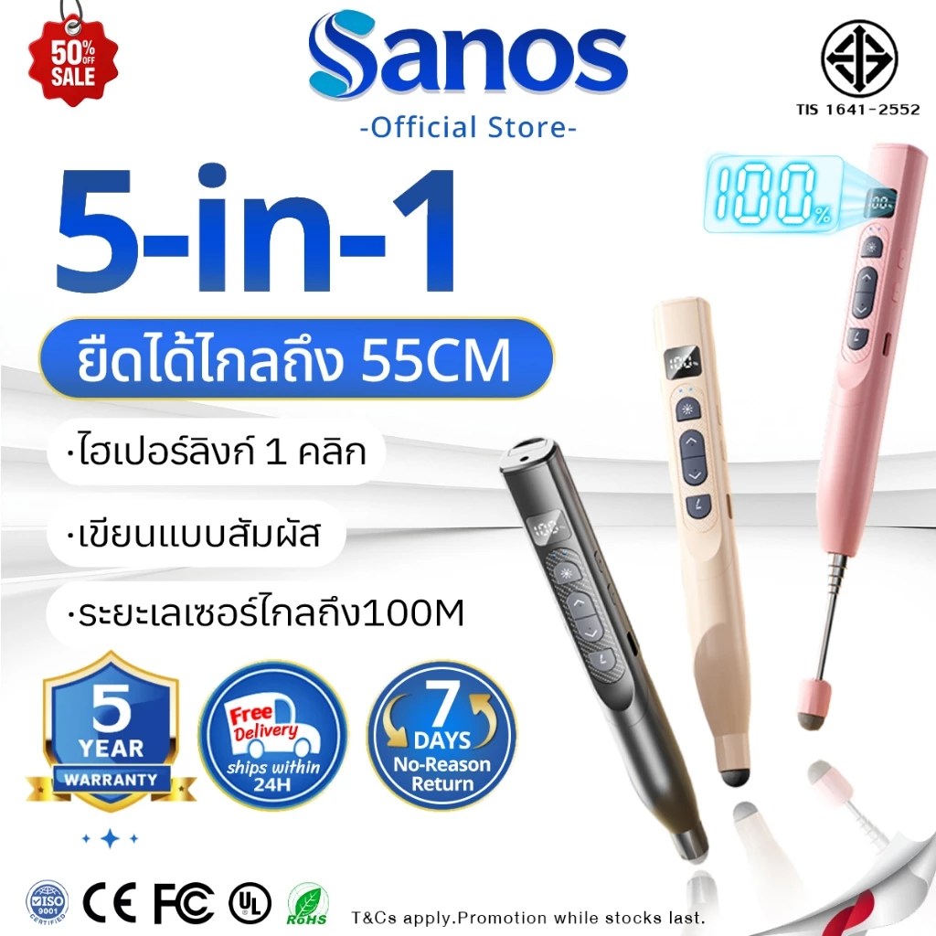【รับประกัน 5 ปี】 เลเซอร์ปากกาพลิก ยืดไสลด์ได้ ของขวัญครู ห้องเรียน/ประชุม/การบรรยาย PPT Laser Pointer Wireless Presenter