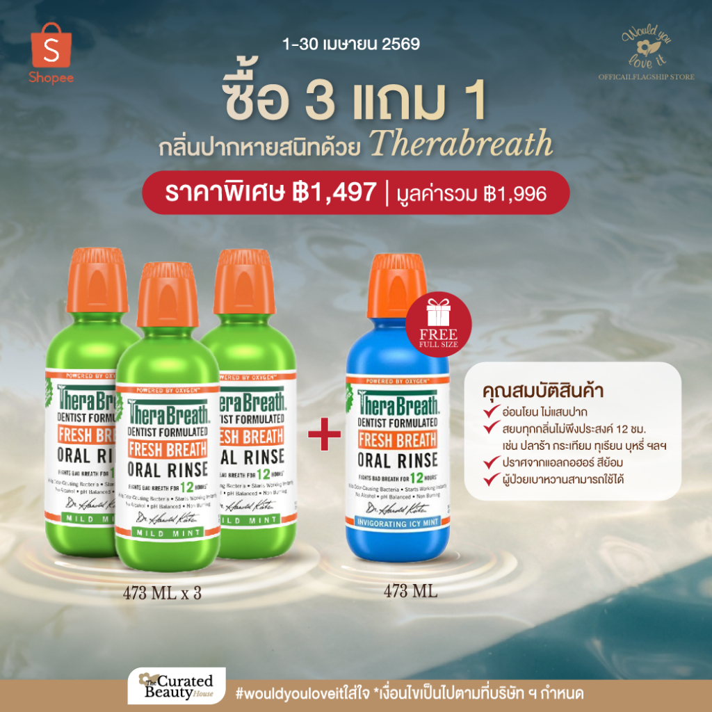 TheraBreath เธอร์ร่าเบรธ FRESH BREATH ORAL RINSE MILD MINT + ICY Mint 473 ML ( ซื้อ 3 ขวด แถม 1 ขวด )