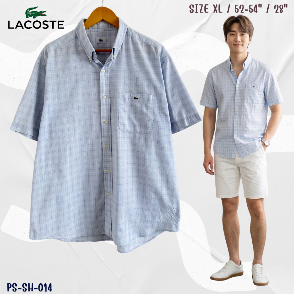 LACOSTE เสื้อเชิ้ตแขนสั้น ลายตาราง สีฟ้า ผู้ชาย ของแท้ โลโก้จระเข้ ใส่สบาย Premium