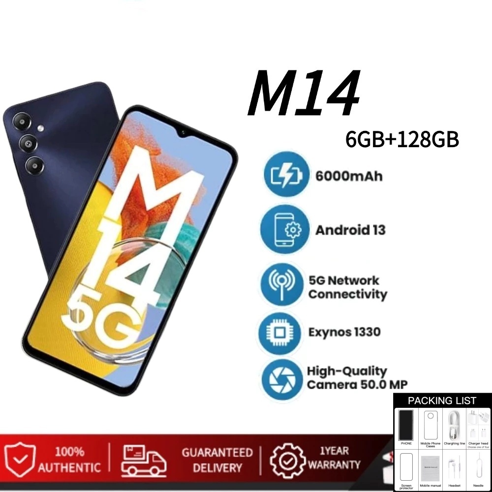 Smartphone M14 6GB RAM+128GB ROM 6.5 inch full screen support 2 SIM card android 13.0 support bank A