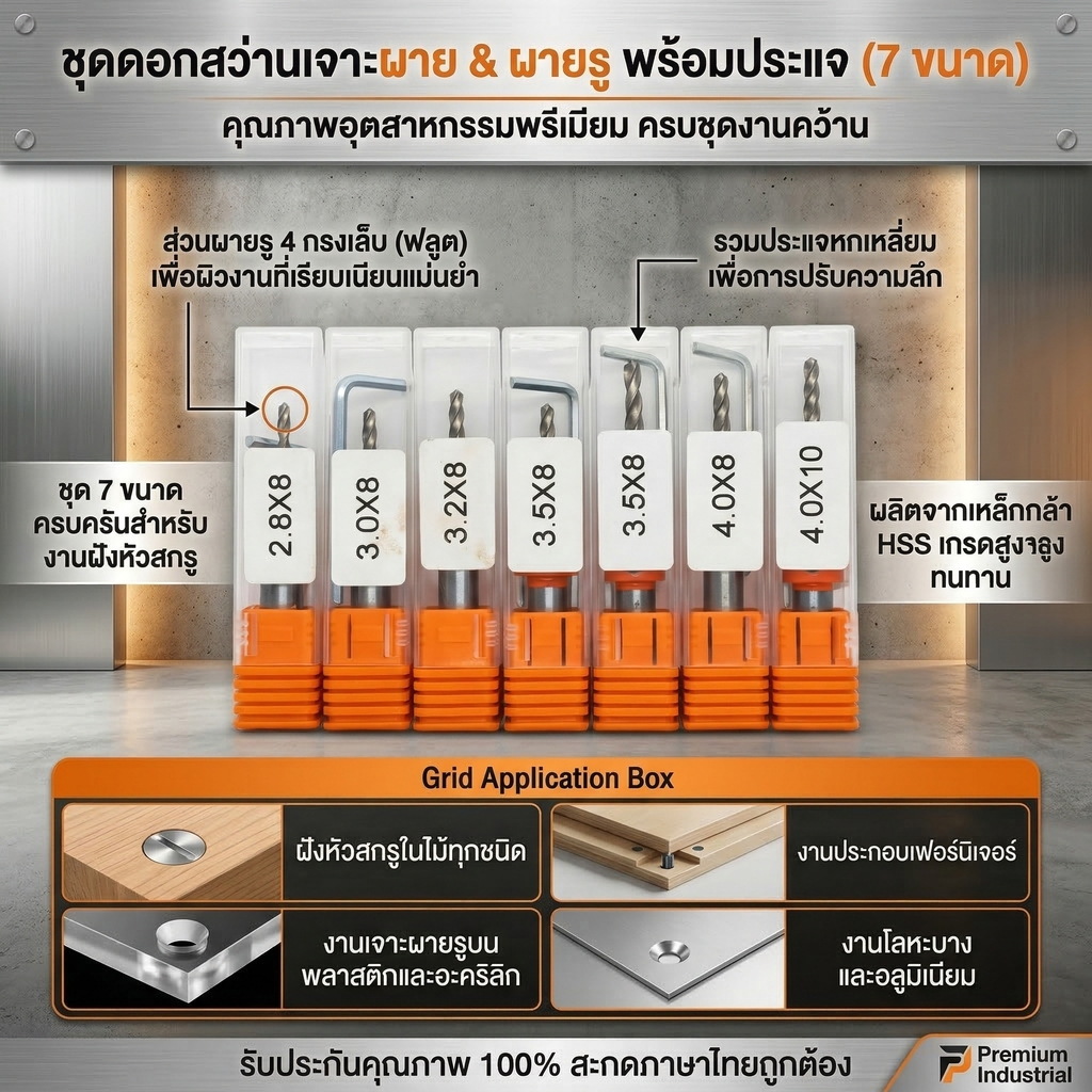 ชุดดอกสว่านเจาะผาย 7 ขนาด (2.8-4.0mm) เหล็ก HSS แท้ เจาะนำฝังหัวสกรู งานไม้ อะคริลิก พร้อมประแจ