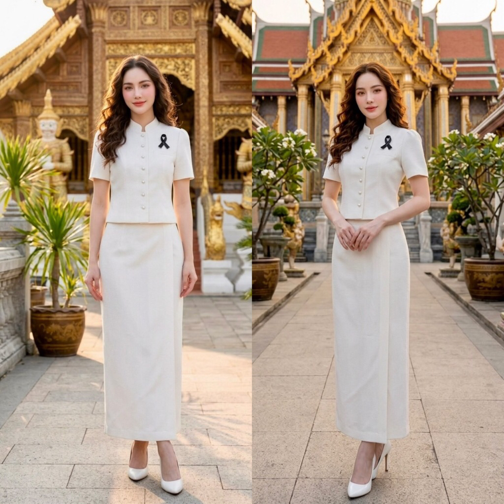 (S-4XL)ชุดเซตผ้าไทยสีขาว เสื้อคอตั้ง กระดุมมุก+ผ้าถุงทรงป้ายหน้าผ่าหลัง แถมเข็มกลัดสีดำ สวยมากค่ะ งานตามหา