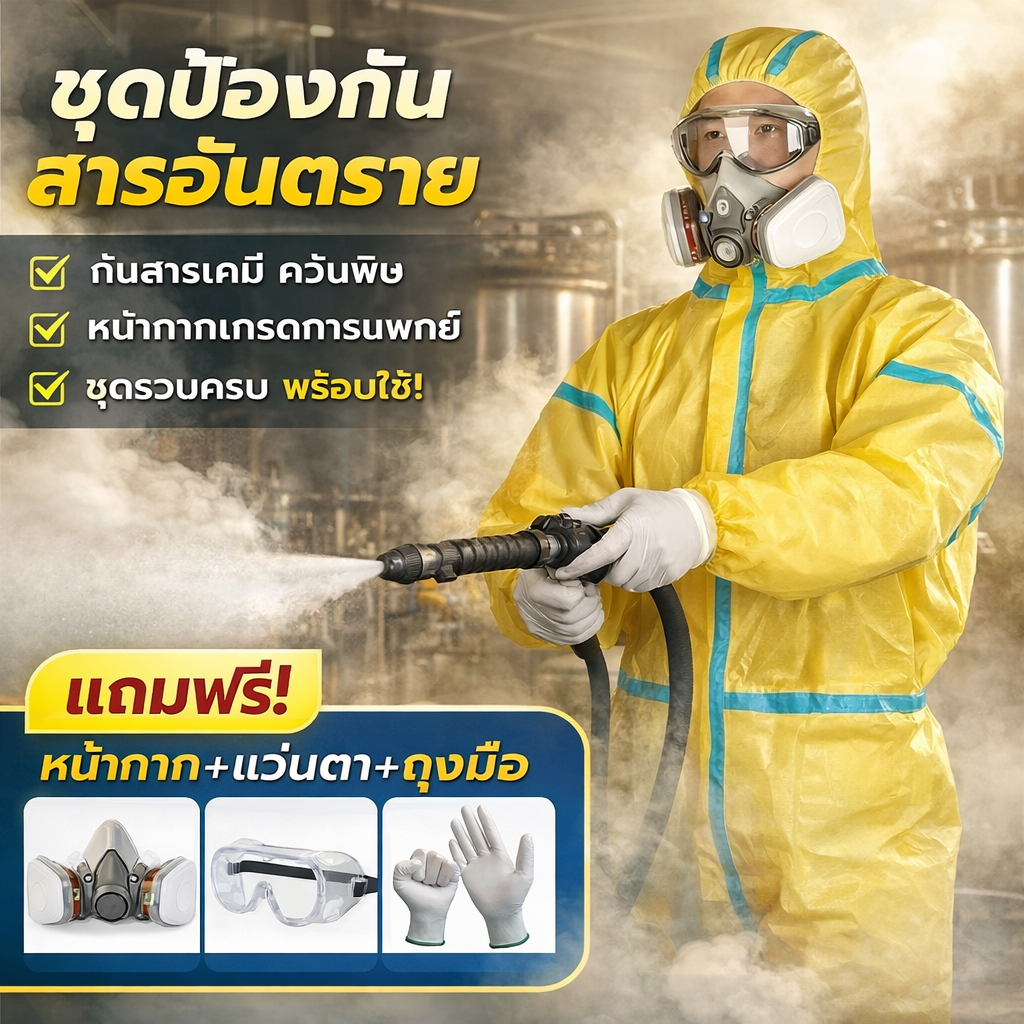 ชุดป้องกันสารเคมี PPE งานพ่นยา งานฟาร์ม กันละออง กันของเหลว พร้อมหน้ากาก แว่นตา ถุงมือ