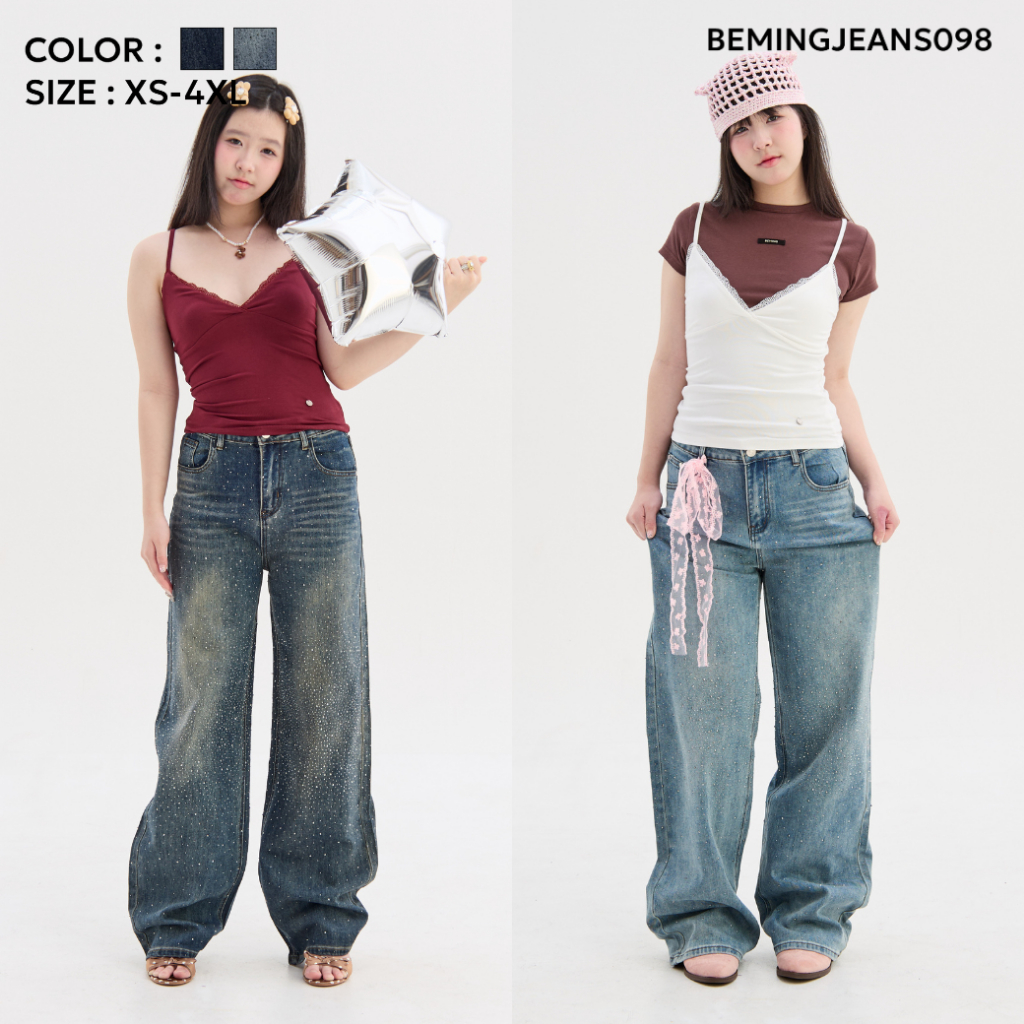 Bemingjeans098(XS-4XL)-BMG StarryNight Jeans - กางเกงยีนส์ดีไซน์ปักเพชร เพิ่มความวิบวับให้ลุคดูโดดเด่น