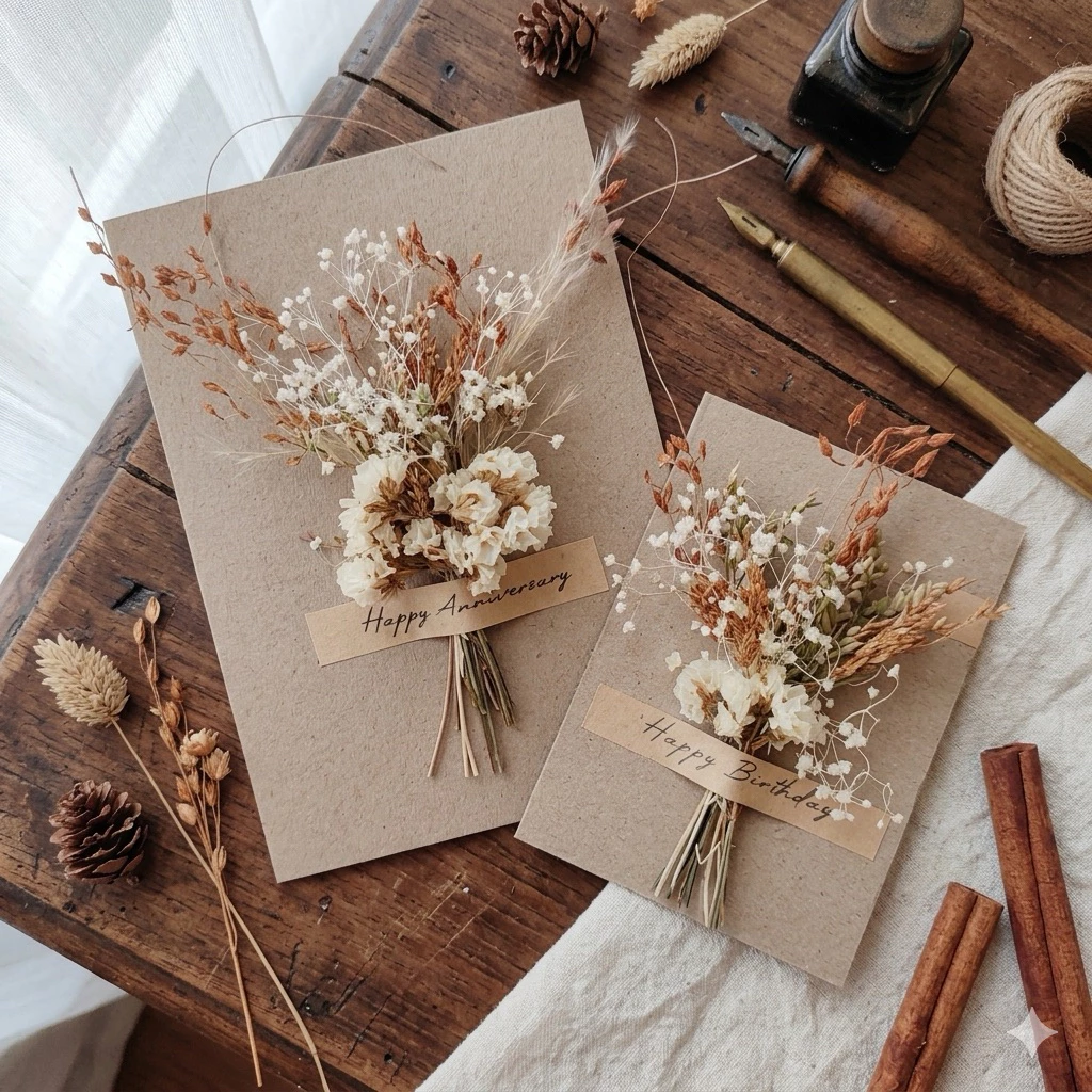 ・Camin Craft・ การ์ดอวยพร การ์ดช่อดอกไม้แห้งคาดแถบข้อความ