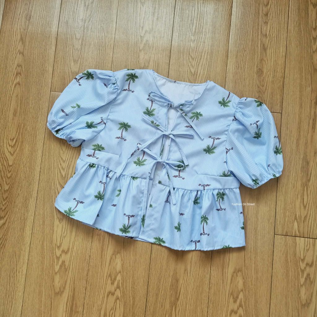 ♡ เสื้อครอปแขนพองผูกหน้า เอวระบาย
