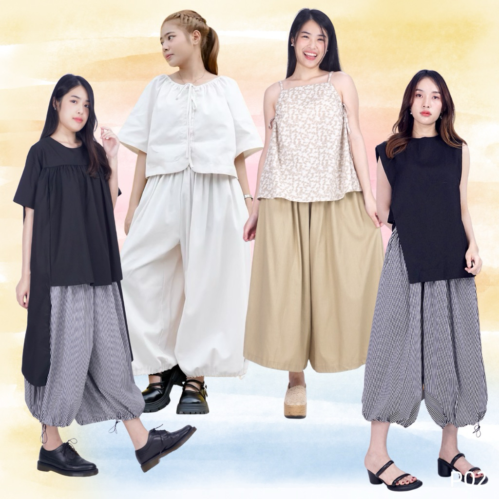Pants P02 กางเกงขาวยาว ผูกปลายขา ทรงบอลลูนขากว้าง สไตล์มินิมอล โอเวอร์ไซด์