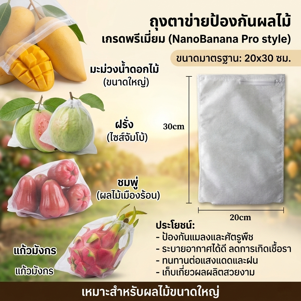 100 ใบ ถุงห่อผลไม้ ขนาด 20x30 ซม ผ้าไม่ทอ ระบายอากาศดี ใช้ได้กับองุ่น มะม่วง ฝรั่ง น้อยหน่า ชมพู่ มะม่วง