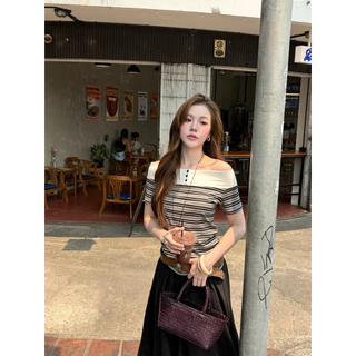 WENDY — Ronnie Off-shoulder top ₊˚⊹ ᰔ เสื้อปาดไหล่ลายทาง