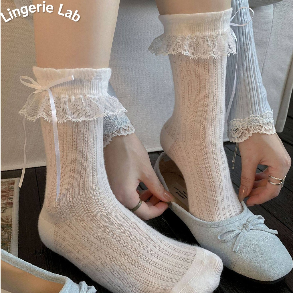 ถุงเท้าแต่งขอบลูกไม้ ทำจากผ้าฝ้ายแท้ สวมใส่สบาย บาง เหมาะสำหรับฤดูร้อน ตกแต่งด้วยโบว์น่ารัก